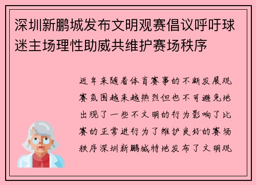 深圳新鹏城发布文明观赛倡议呼吁球迷主场理性助威共维护赛场秩序